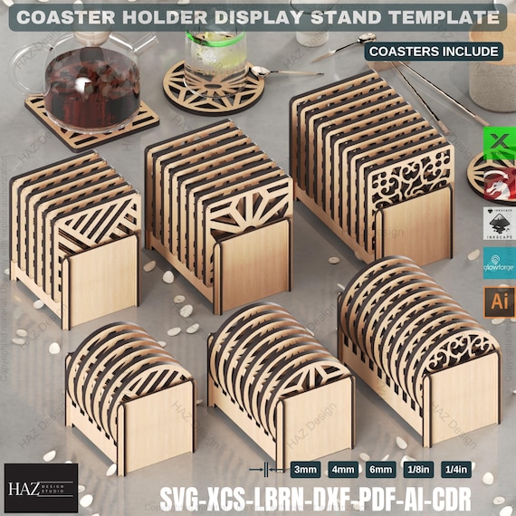 Laser Cut Coaster Holder Set 3 Sizes + 6 Coaster Designs, Round and Square Designs Coaster and Holder SVG Pack 431