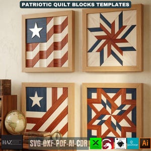 May include: Four framed patriotic quilt block templates. Two feature the American flag design, and two feature star patterns. The blocks are made of wood in shades of red, white, and blue. The frames are light brown.