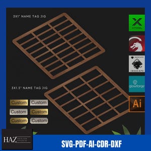 May include: Two brown wooden name tag jigs, one measuring 3x1 inches and the other 3x1.5 inches. The jigs are designed to hold name tags in place for cutting or engraving. The image also includes the text "Custom" repeated six times.