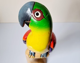 Vintage Wooden Parrot - Hand Carved, Hand Painted Parrot - Tropical Bird Art