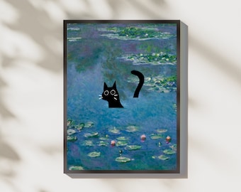 Gato en nenúfares, arte de pared clásico imprimible, nenúfares de Claude Monet, gato negro, decoración del dormitorio, impresión de arte japonés, descarga digital