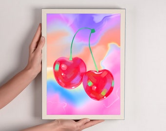 May include: Two red cherries with green stems against a colorful, abstract background. The background is a mix of pink, blue, orange, and purple.