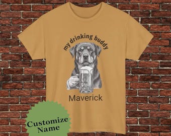 Maglietta personalizzata da uomo con Rottweiler che beve birra / Regalo per amanti dei cani
