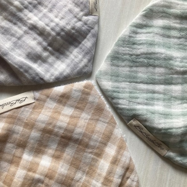 Small Check Gingham print Set of 3 Heart Shaped Pale Green, Light Grey  + Sand Cotton Gauze Dribble Bibs. Ultra Absorbent, Hypoallergenic