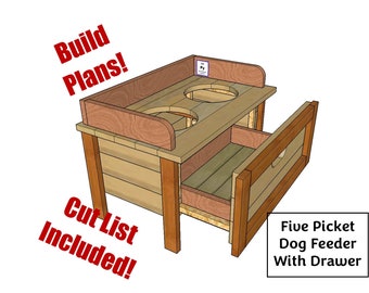 Holzbearbeitungspläne Wert-Hundefutterhaus mit Schublade - Zaun-Lattenbau, DIY-Hundefutterhaus-Pläne, Schnittliste & Diagramme, kostengünstige / gewinnbringende Pläne