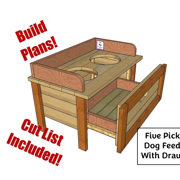 Woodworking Plans Value Dog Feeder with Drawer - Fence Picket Build, DIY Dog Feeder Plans, Cut List & Diagrams, Low Cost/High Profit Plans