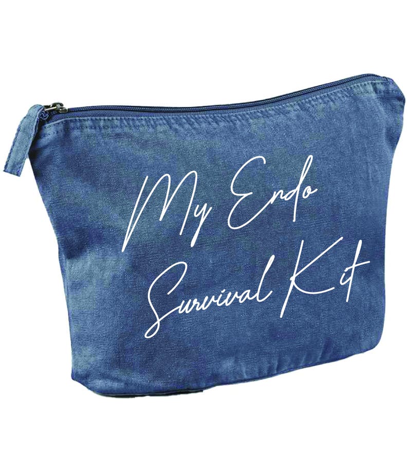 May include: A blue denim-style cosmetic bag with a zipper closure. The bag features the white script text "My Endo Survival Kit". The bag is designed to hold personal care items.