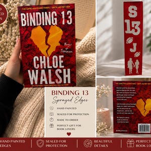 May include: A copy of the book Binding 13 by Chloe Walsh with a red cover featuring a yellow broken heart graphic. The book has hand-painted edges. A tall red wooden block displays the text S 13 J with rugby ball and silhouette icons.