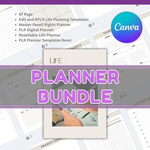 May include: A digital download product image featuring a "Life Planner" and "Planner Bundle" in large, purple text. The image includes a Canva logo and a smaller image of a hand marking a planner. The text also lists features like "67 Page" and "Digital Download."