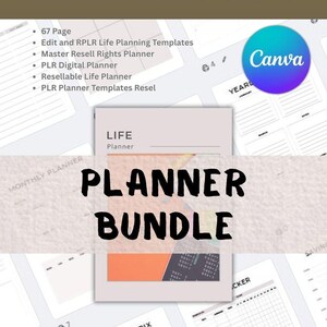 May include: A digital planner bundle with the text "LIFE PLANNER" at the top. The image includes a list of features, a "Canva" logo, and the words "PLANNER BUNDLE" and "DIGITAL DOWNLOAD". The bottom right corner has a logo that says "SAMZ DIGITAL".