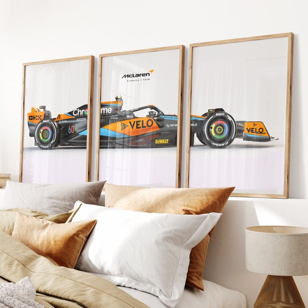 Ensemble de 3 tirages Lando Norris MCL60 F1 | Affiches McLaren | Formule 1 | Décoration murale | Art de course | Sports | Cadeau de sport automobile | Ventilateur de course