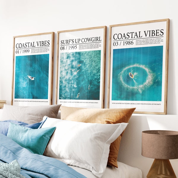 Set of 3 Coastal Cowgirl Print, Surf Girl Wall Art, Surfer Print, Preppy Coastal Art, Magazine Cover Wall Art, Trendy Newspaper, Digital