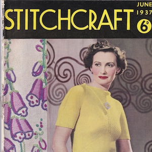 May include: A vintage magazine cover for Stitchcraft magazine, June 1937, featuring a woman wearing a yellow knitted sweater and a floral pattern on the left side of the cover. The text "This transfer FREE inside" is at the bottom of the cover.
