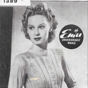 May include: A vintage knitting pattern for a women's sweater called "Snowdrift". The pattern is from Bestway Leaflet 1389 and uses "Emu" Unshrinkable Wool, 3-ply (7 oz.).