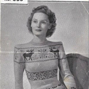 May include: A vintage knitting pattern for a sweater with a reindeer fair isle design. The pattern is from Weldons Leaflet No. 669 and calls for 7 ounces of 3-ply yarn and 1 ounce each of 3 contrasting colors.