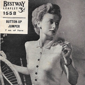 Button Up Jumper 1940s knitting pattern Bestway 34-35 inch bust