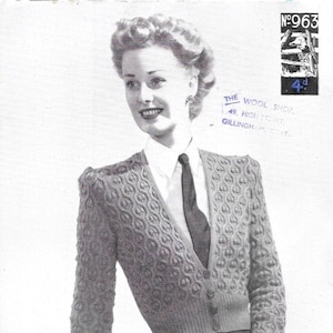 Deirdre Cardigan 1940s Knitting Pattern Lavenda 34-36 inch bust