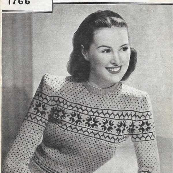 Two Colour Fair Isle Jumper 1940s Knitting Pattern Bestway 34 inch bust