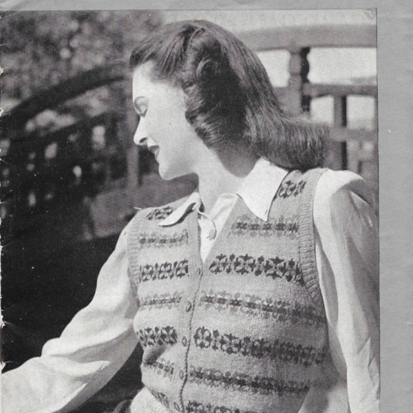 Sleeveless Fair Isle Cardigan 1940s Knitting Pattern 35 inch bust