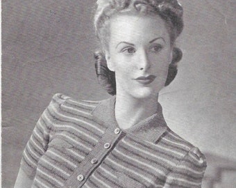 Striped Jumper Cardigan 1940s Knitting Pattern Patons and Baldwins 34 inch bust