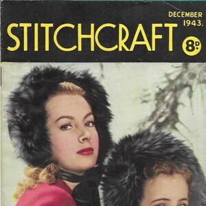 May include: A vintage magazine cover featuring two women wearing fur hats. The magazine is called "Stitchcraft" and the cover reads "Christmas Greetings".
