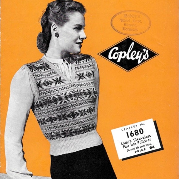 Fair Isle Pullover 1940s Knitting Pattern Copley's 34 and 36 inch bust