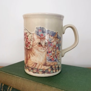 Vintage Dovedale Pottery Mug: Tabby Cat, Patchwork Quilts, Made in England