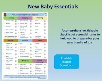 Puede incluir: Una lista de verificación imprimible de artículos esenciales para un bebé recién nacido. La lista está dividida en categorías como alimentación, sueño, ropa, baño, guardería, viajes, destete y salud y bienestar. Cada categoría tiene una lista de artículos con casillas de verificación junto a ellos. La lista se titula "New Baby Essentials Checklist".