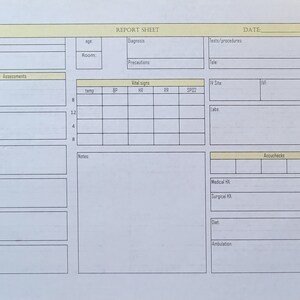 May include: A blank medical report sheet with sections for patient information, assessments, vital signs, tests and procedures, notes, and accuchecks.