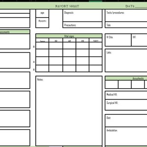 May include: A blank medical report sheet with sections for patient information, assessments, vital signs, tests and procedures, notes, and medical history. The sheet is printed on green paper with black lines.