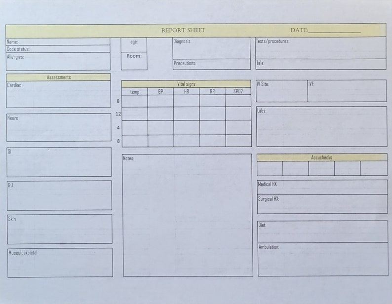 May include: A blank medical report sheet with sections for patient information, assessments, vital signs, tests and procedures, notes, and accuchecks.