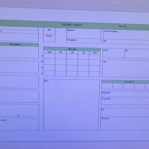 May include: A blank medical report sheet with sections for patient information, assessments, vital signs, notes, and medical and surgical orders.