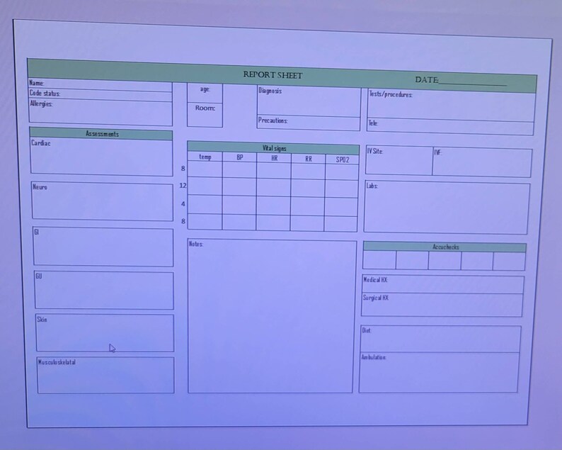 May include: A blank medical report sheet with sections for patient information, assessments, vital signs, notes, and medical and surgical orders.