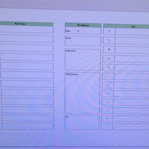 May include: A blank printable weekly planner with sections for "Meds/Tasks", "Miscellaneous", and "Tasks". The planner is divided into numbered rows from 8 to 12 and then 1 to 7. The "Miscellaneous" section has subheadings for "Chart", "Doctor", "Familynotes", "PRN Medications", and "Pain".