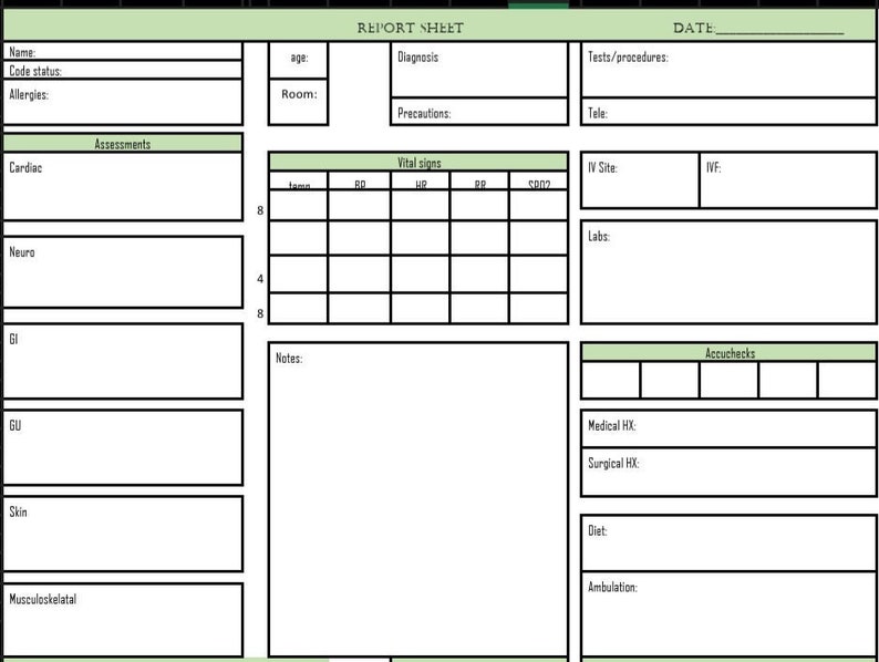 May include: A blank medical report sheet with sections for patient information, assessments, vital signs, tests and procedures, notes, and medical history. The sheet is printed on green paper with black lines.