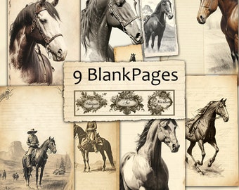 Blank Lined Journal Pages Vintage Horse eight Piece Printable Set Vintage Horse Ephemera Set 1 Western Horse paper, Journal Basic Papers