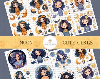 5 Modern Bright Moon Girls Journaling Sheets - Instant Download - Junk Journal Supplies - Printable PDF and JPG - cute girls clipart
