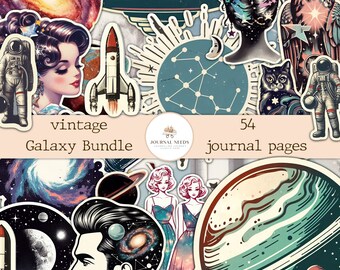 Vintage Galaxy Bundle: Astronauts, Planets, Stars, 54 Pages JPG, PNG, PDF for Junk Journaling & Scrapbooking. Explore the cosmos creatively!