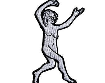 Medieval Dancing Woman Embroidered Patch, Manuscript Art, Dark Humor Apparel (Hooks & Loops Backed)