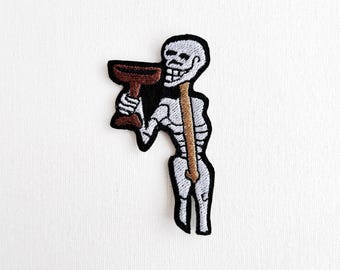 Medieval Skeleton Embroidered Patch: Toasting with Goblet
