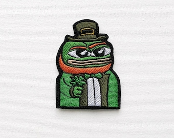 St Patrick's Day Pepe Embroidered Patch: Leprechaun Meme Morale Patch