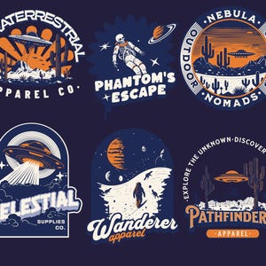May include: Six colorful logo designs featuring a UFO, astronaut, and desert landscape. The logos are for apparel companies with names like "Extraterrestrial Apparel Co.", "Phantom's Escape", "Outdoor Nomads", "Celestial Supplies Co.", "Wanderer Apparel", and "Pathfinders Apparel".