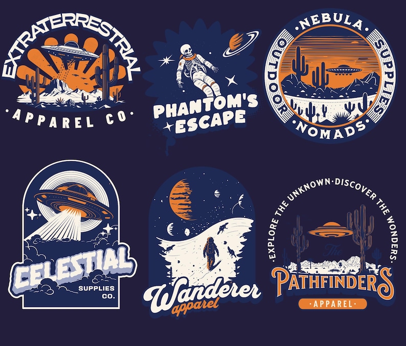 May include: Six colorful logo designs featuring a UFO, astronaut, and desert landscape. The logos are for apparel companies with names like "Extraterrestrial Apparel Co.", "Phantom's Escape", "Outdoor Nomads", "Celestial Supplies Co.", "Wanderer Apparel", and "Pathfinders Apparel".