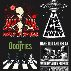 May include: A black and white graphic design with the text "Take Me Away" and a UFO. The design is surrounded by stars. Below the design is a green and white graphic design with the text "The Oddities" and a group of four figures walking across a crosswalk. The figures are a green alien, a green alien in a suit, a green alien in a suit, and a person in a space suit. Below the crosswalk is a black and white graphic design with the text "Hang Out and Relax With My Alien Friends" and a group of three aliens sitting at a table with a pizza and a beer. The text "Join the interstellar party and relax with your alien amigos" is below the table.