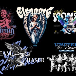 May include: A collage of five images featuring angels with different text overlays. The top left image shows a pink angel with the text "Shining Angel" and "EST 2024". The top right image shows a blue angel with the text "Baby Snoosy" and "EST 1999". The bottom left image shows a blue angel with the text "Dream Chaser" and "Resilience". The bottom right image shows a group of white angels with the text "United We Stand".