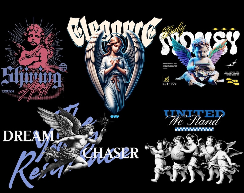 May include: A collage of five images featuring angels with different text overlays. The top left image shows a pink angel with the text "Shining Angel" and "EST 2024". The top right image shows a blue angel with the text "Baby Snoosy" and "EST 1999". The bottom left image shows a blue angel with the text "Dream Chaser" and "Resilience". The bottom right image shows a group of white angels with the text "United We Stand".