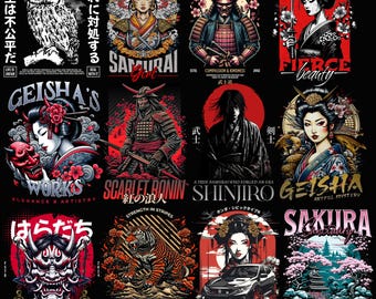 May include: A collection of graphic designs featuring Japanese art themes. Designs include an owl, samurai, geishas, tigers, and Japanese text. The color palette is primarily black, red, and white, with some designs incorporating other colors.