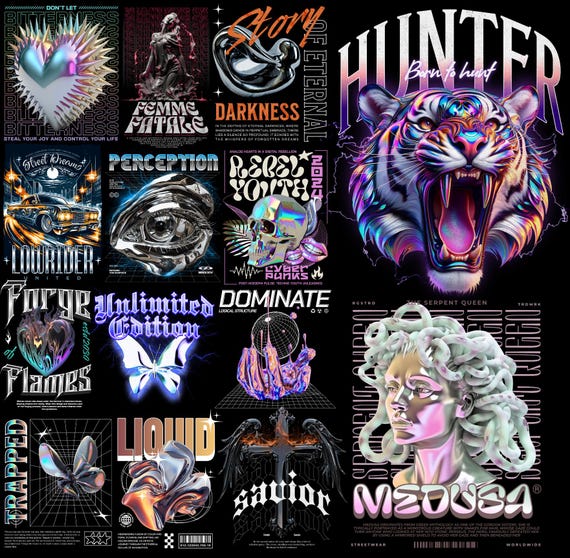 Chrome Cyberpunk T-shirt Designs – Y2K Streetwear PNG (digital