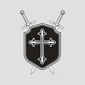 Shield with cross and crossed swords SVG. Coat of arms svg clipart. Family crest logo