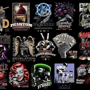 May include: A collage of 16 different graphic designs featuring various themes, including skulls, angels, money, and street art. The designs are in a variety of colors and styles, and they are all set against a black background.
